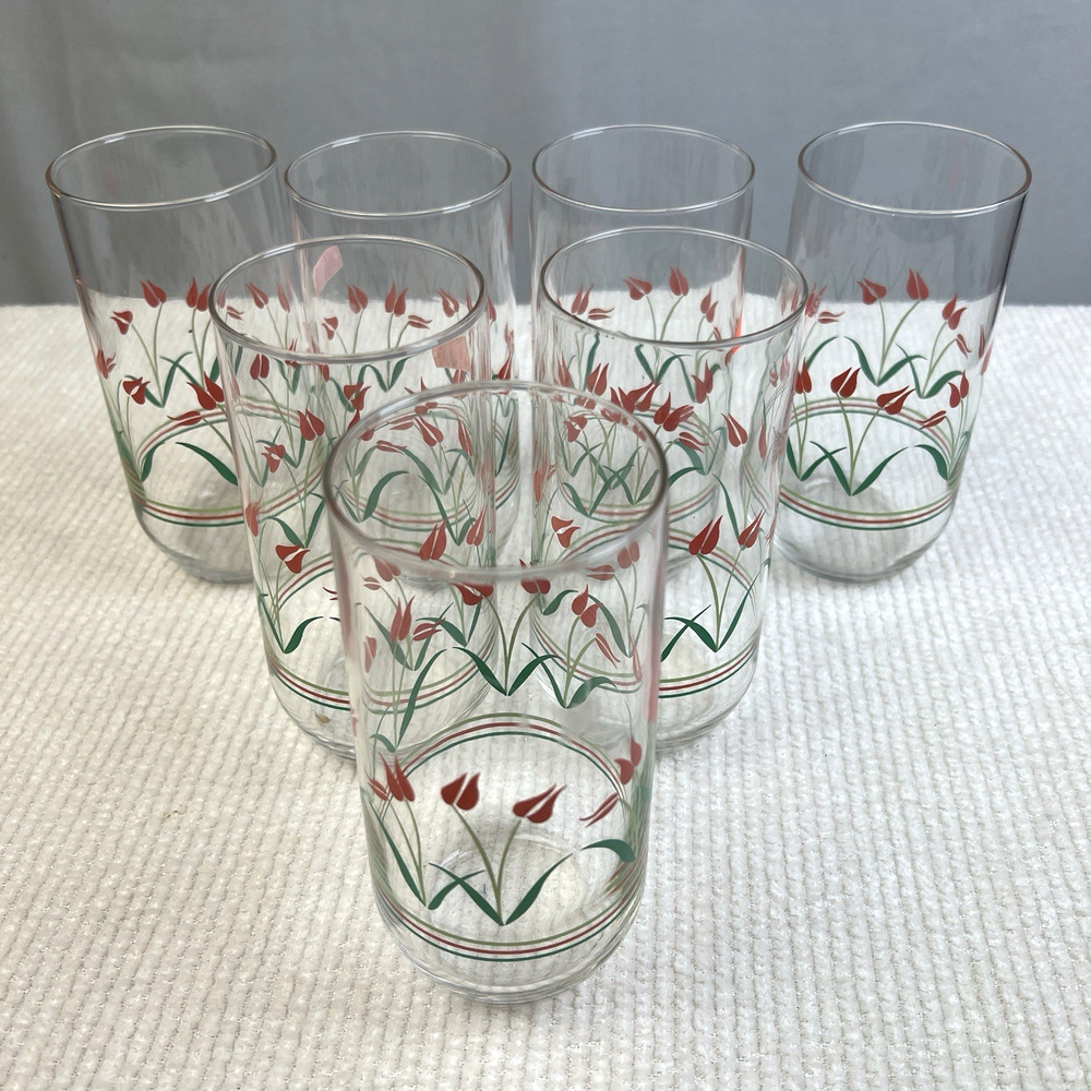 Tulip Drinking Glasses Set Of 7 6" H 16 Oz Red Green Vintage Luminarc Drinkware